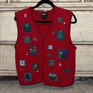 Vintage 90s Red Christmas Sweater Vest Patchwork Granny Core